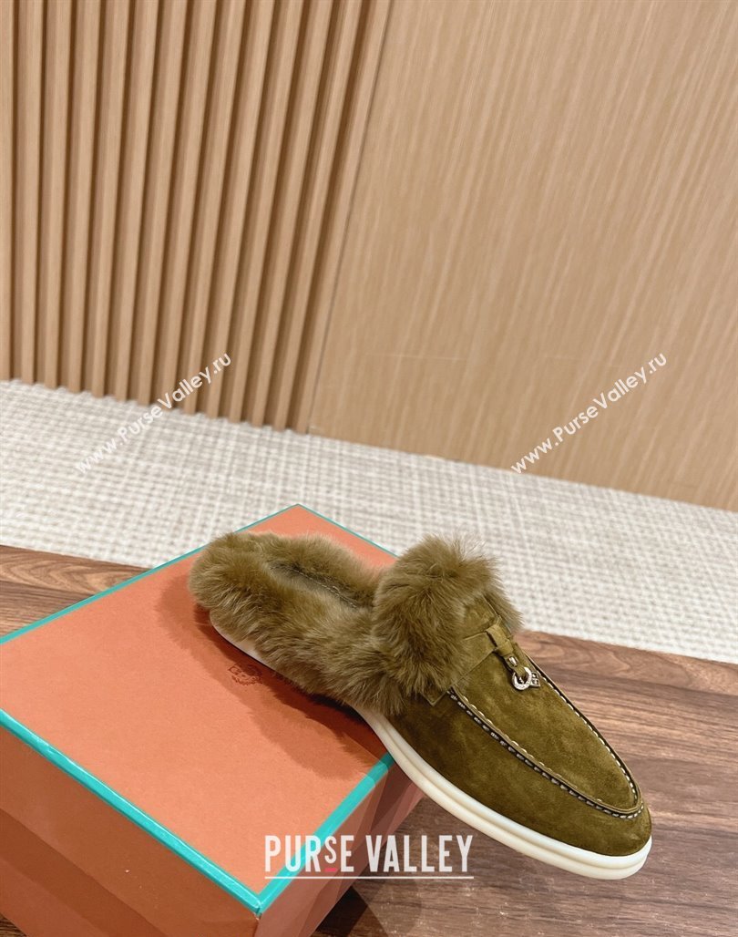 LP Charms Walk Babouche Loafers with Fur in Suede Green 2024 Top LP010901 (KL-240109069)