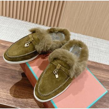 LP Charms Walk Babouche Loafers with Fur in Suede Green 2024 Top LP010901 (KL-240109069)