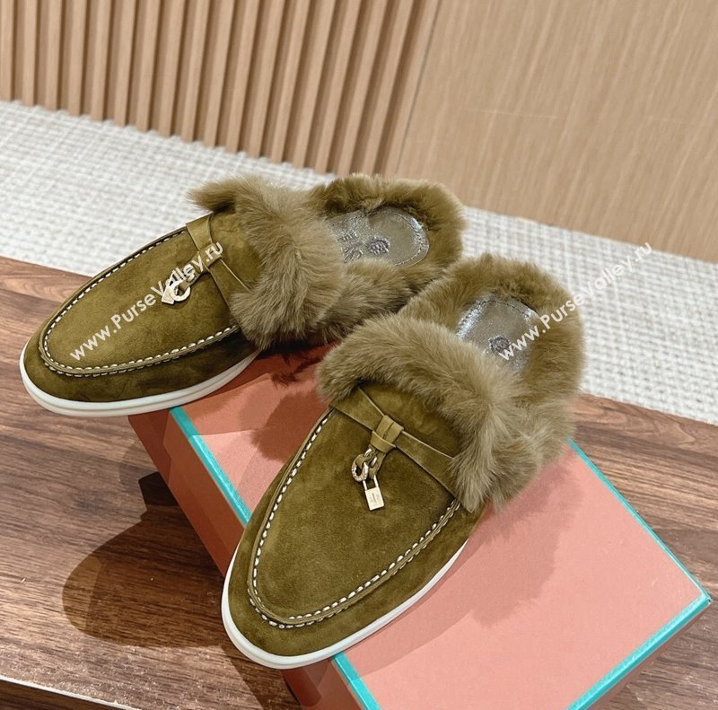 LP Charms Walk Babouche Loafers with Fur in Suede Green 2024 Top LP010901 (KL-240109069)