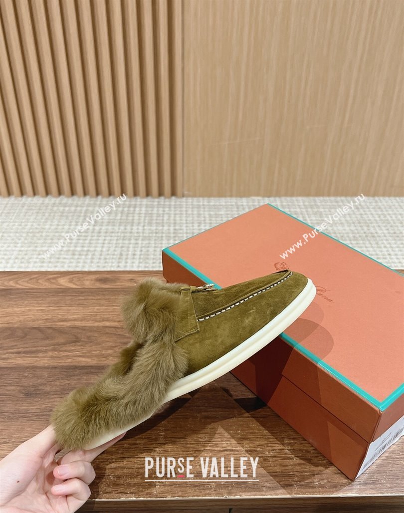 LP Charms Walk Babouche Loafers with Fur in Suede Green 2024 Top LP010901 (KL-240109069)