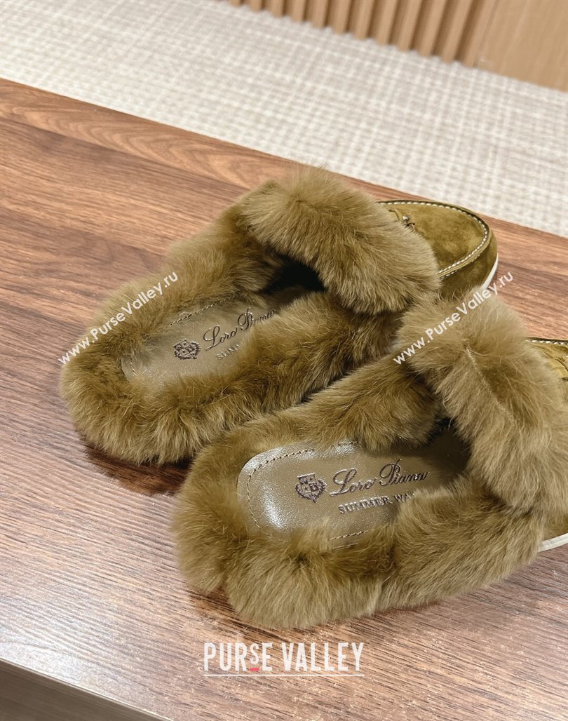 LP Charms Walk Babouche Loafers with Fur in Suede Green 2024 Top LP010901 (KL-240109069)