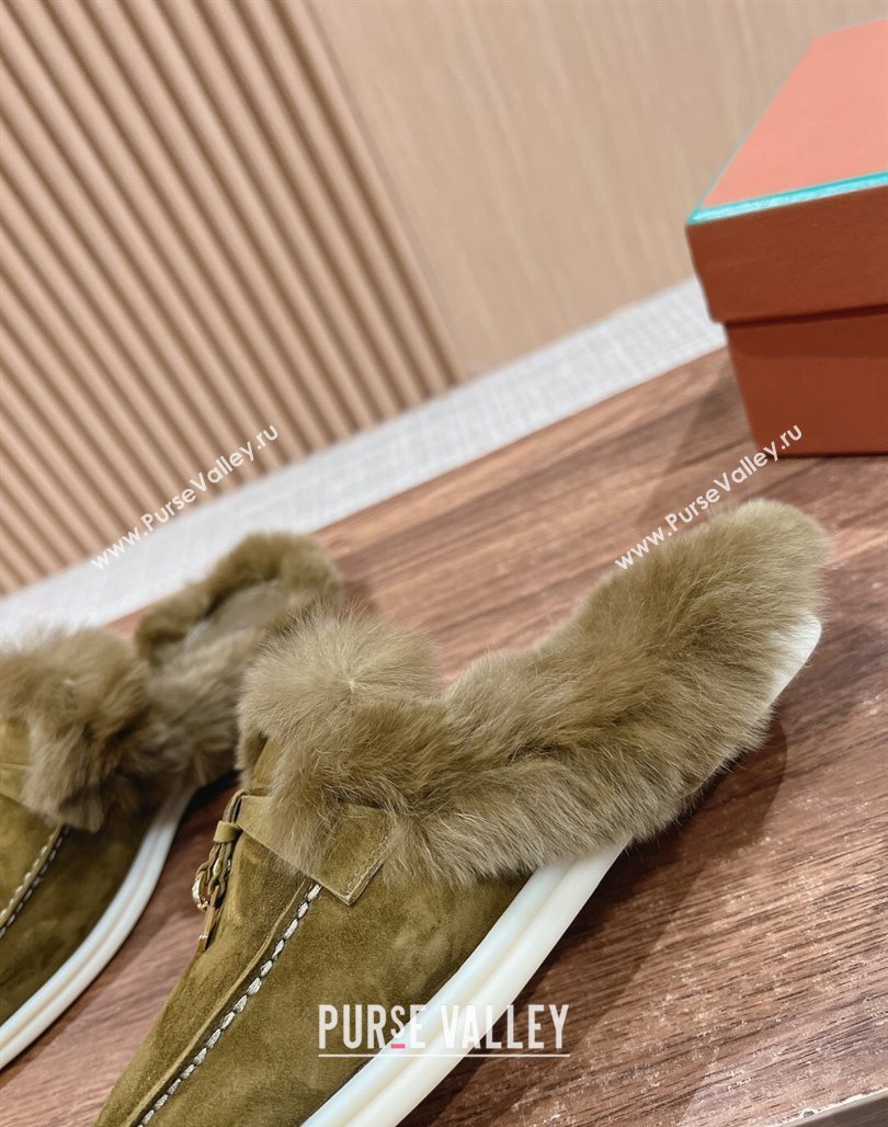 LP Charms Walk Babouche Loafers with Fur in Suede Green 2024 Top LP010901 (KL-240109069)