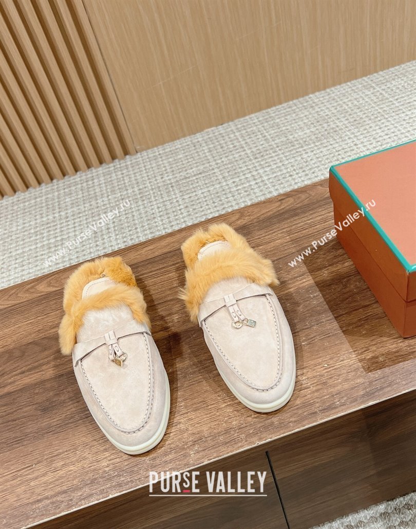 LP Charms Walk Babouche Loafers with Fur in Suede Pale Grey/Yellow 2024 Top LP010901 (KL-240109068)