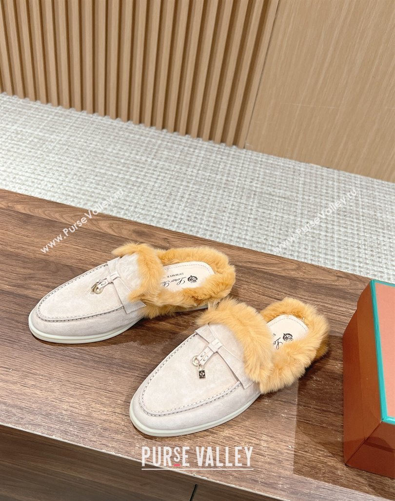 LP Charms Walk Babouche Loafers with Fur in Suede Pale Grey/Yellow 2024 Top LP010901 (KL-240109068)