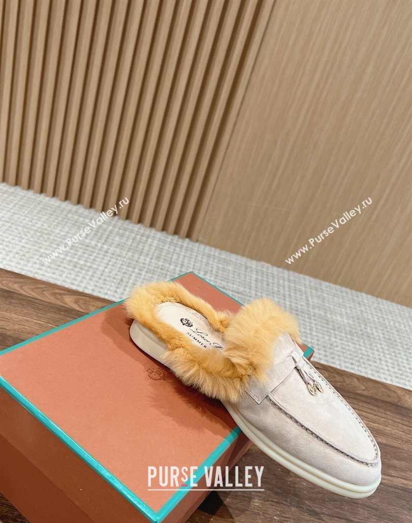 LP Charms Walk Babouche Loafers with Fur in Suede Pale Grey/Yellow 2024 Top LP010901 (KL-240109068)