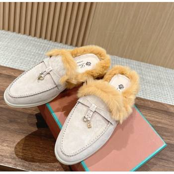 LP Charms Walk Babouche Loafers with Fur in Suede Pale Grey/Yellow 2024 Top LP010901 (KL-240109068)