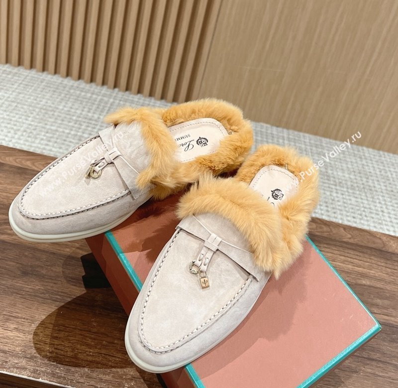 LP Charms Walk Babouche Loafers with Fur in Suede Pale Grey/Yellow 2024 Top LP010901 (KL-240109068)