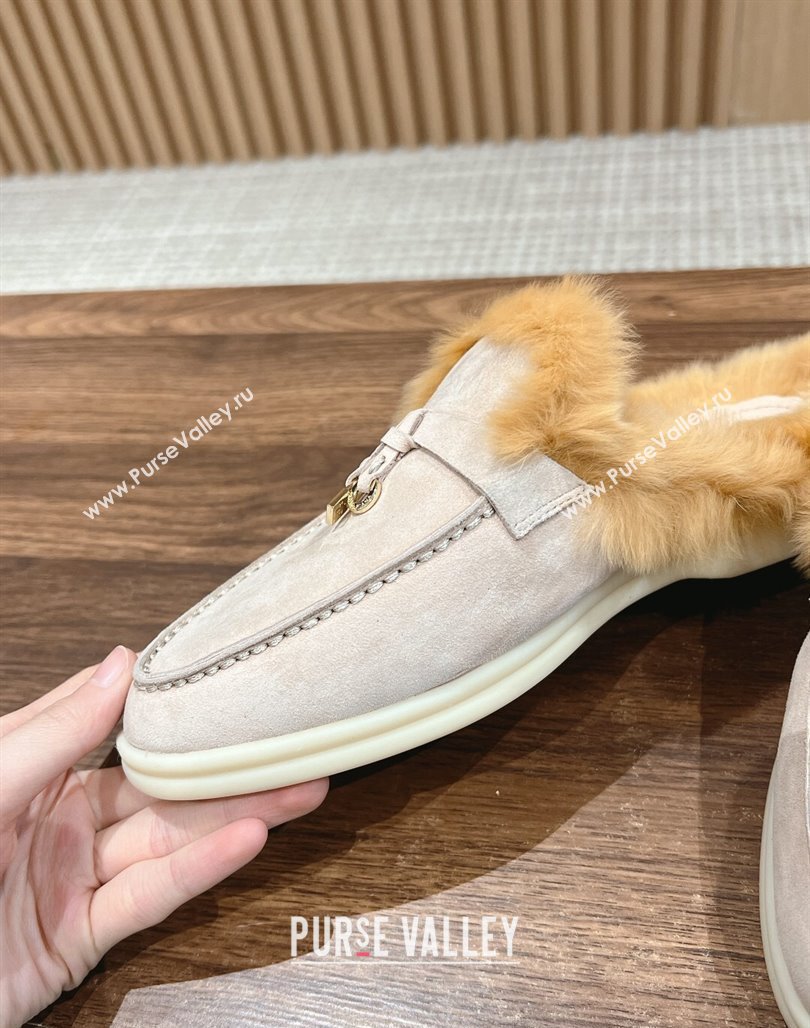 LP Charms Walk Babouche Loafers with Fur in Suede Pale Grey/Yellow 2024 Top LP010901 (KL-240109068)