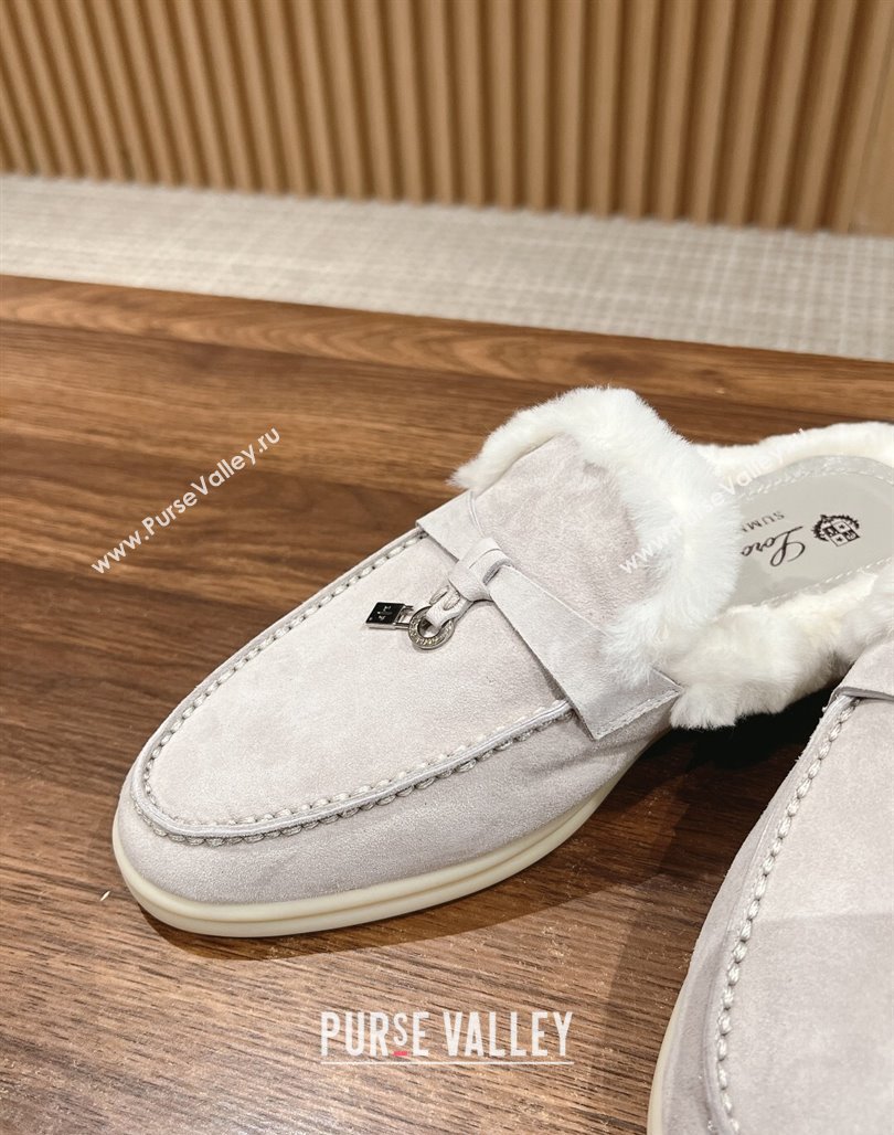 LP Charms Walk Babouche Loafers with Fur in Suede Pale Grey/White 2024 Top LP010901 (KL-240109071)