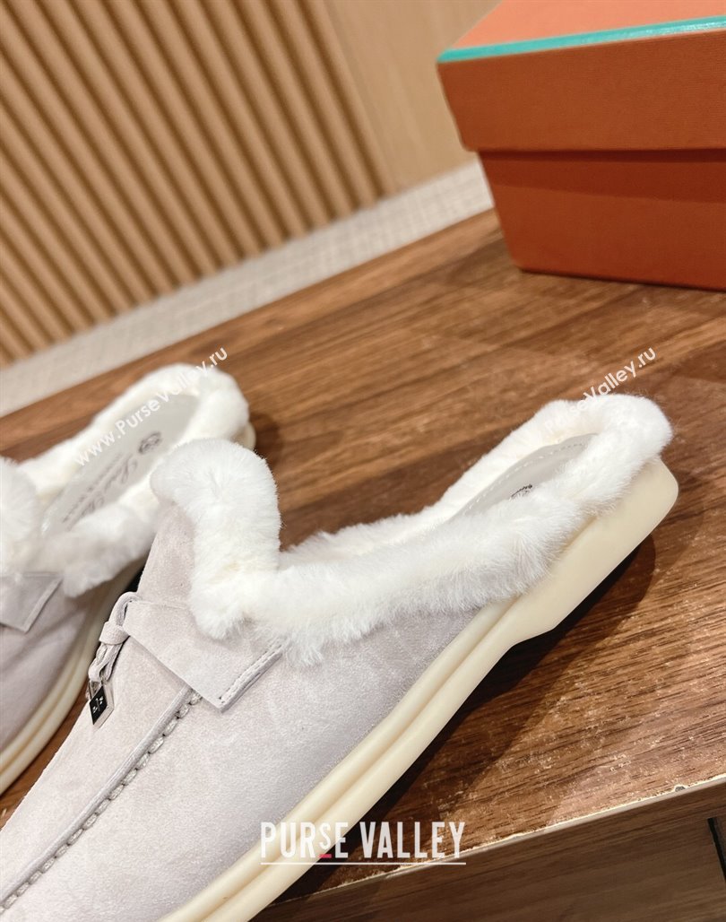 LP Charms Walk Babouche Loafers with Fur in Suede Pale Grey/White 2024 Top LP010901 (KL-240109071)