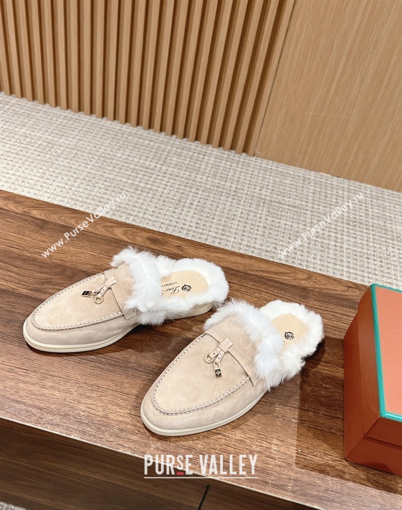 LP Charms Walk Babouche Loafers with Fur in Suede Beige 2024 Top LP010901 (KL-240109072)