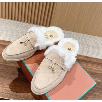 LP Charms Walk Babouche Loafers with Fur in Suede Beige 2024 Top LP010901 (KL-240109072)