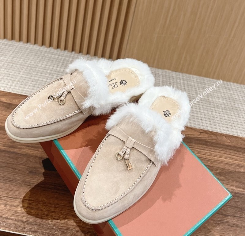 LP Charms Walk Babouche Loafers with Fur in Suede Beige 2024 Top LP010901 (KL-240109072)