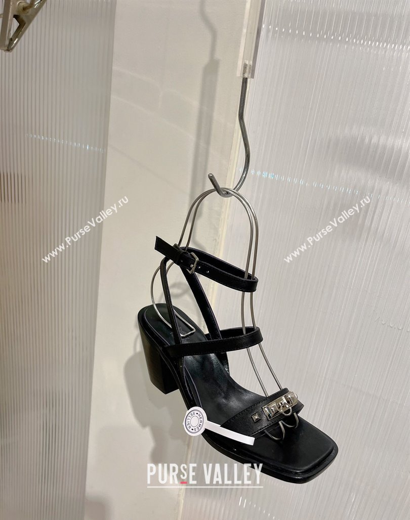 Hermes Ivresse Heel SandalS 8.5cm in Calfskin Leather with Medor Studs Black 2024 (ZN-240123001)