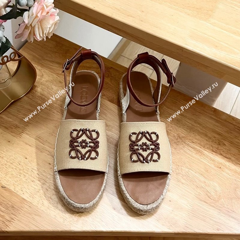 Loewe Anagram Flat Espadrilles Sandals in Calfskin and Canvas Beige 2024 0125 (HB-240125034)