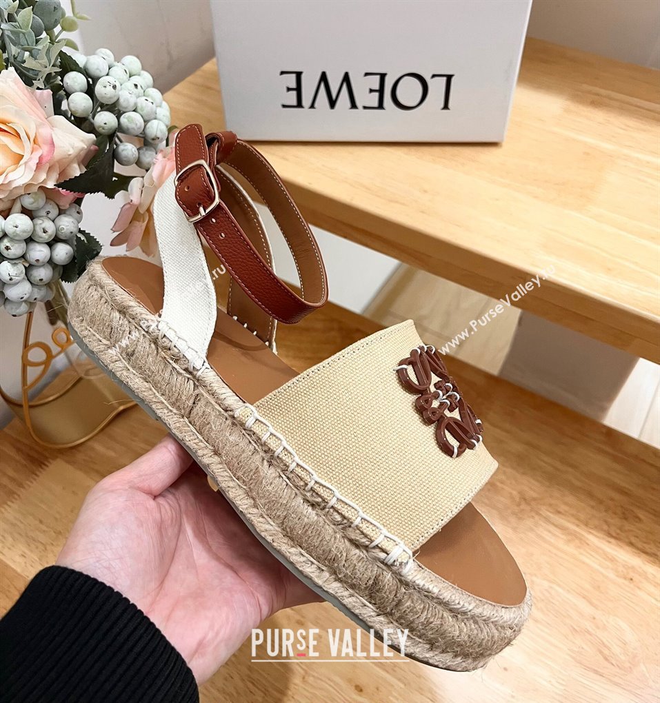 Loewe Anagram Flat Espadrilles Sandals in Calfskin and Canvas Beige 2024 0125 (HB-240125034)