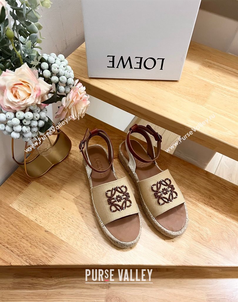 Loewe Anagram Flat Espadrilles Sandals in Calfskin and Canvas Beige 2024 0125 (HB-240125034)