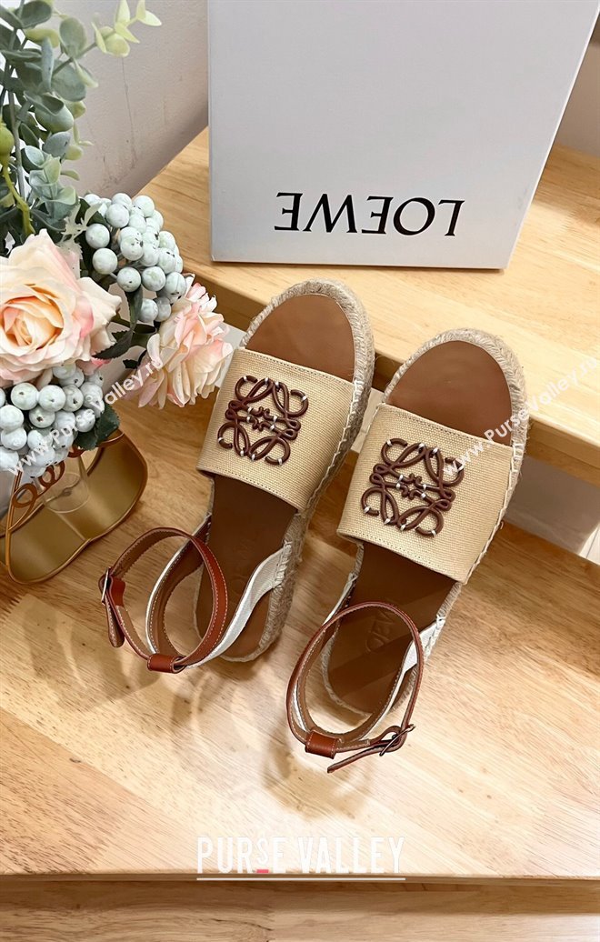 Loewe Anagram Flat Espadrilles Sandals in Calfskin and Canvas Beige 2024 0125 (HB-240125034)