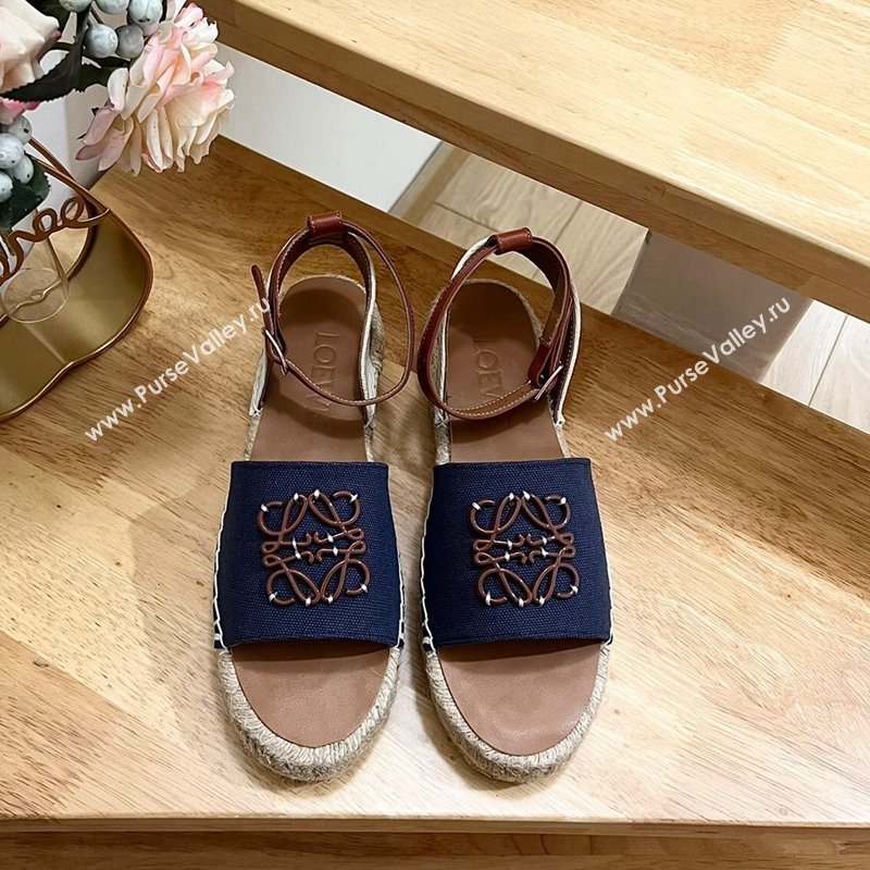 Loewe Anagram Flat Espadrilles Sandals in Calfskin and Canvas Blue 2024 0125 (HB-240125035)