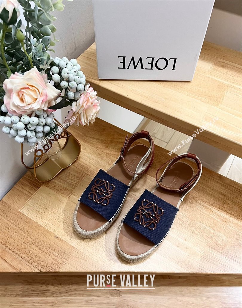 Loewe Anagram Flat Espadrilles Sandals in Calfskin and Canvas Blue 2024 0125 (HB-240125035)
