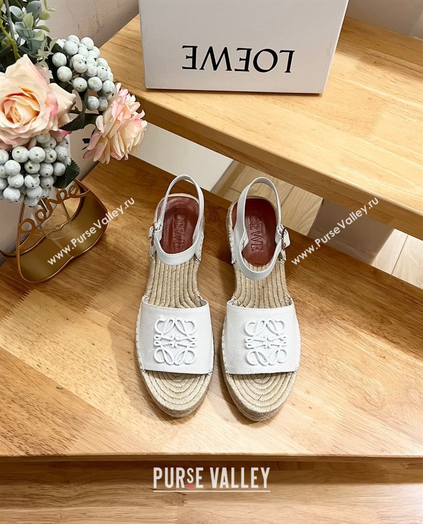 Loewe Anagram Espadrilles Wedge Sandals in Calfskin and Canvas White 2024 0125 (HB-240125036)