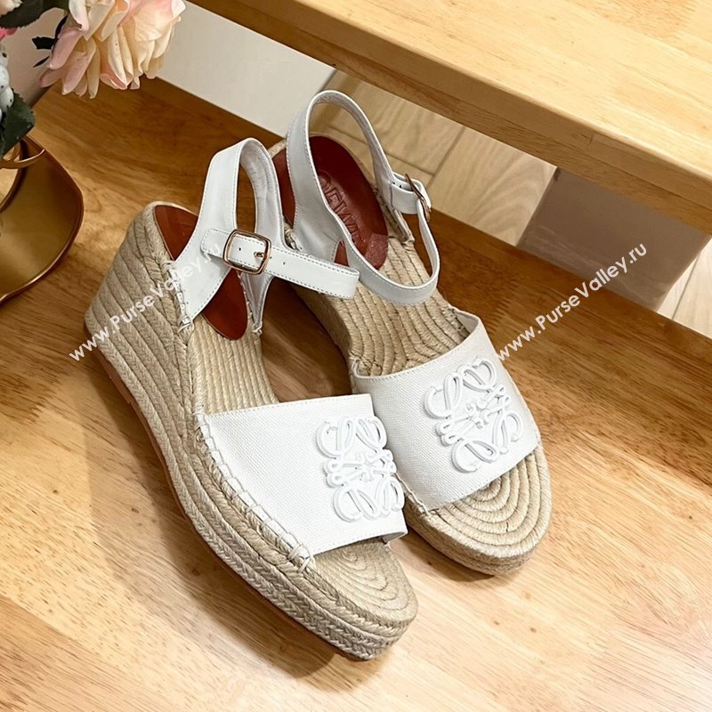 Loewe Anagram Espadrilles Wedge Sandals in Calfskin and Canvas White 2024 0125 (HB-240125036)