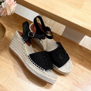 Loewe Anagram Espadrilles Wedge Sandals in Calfskin and Canvas Black 2024 0125 (HB-240125037)