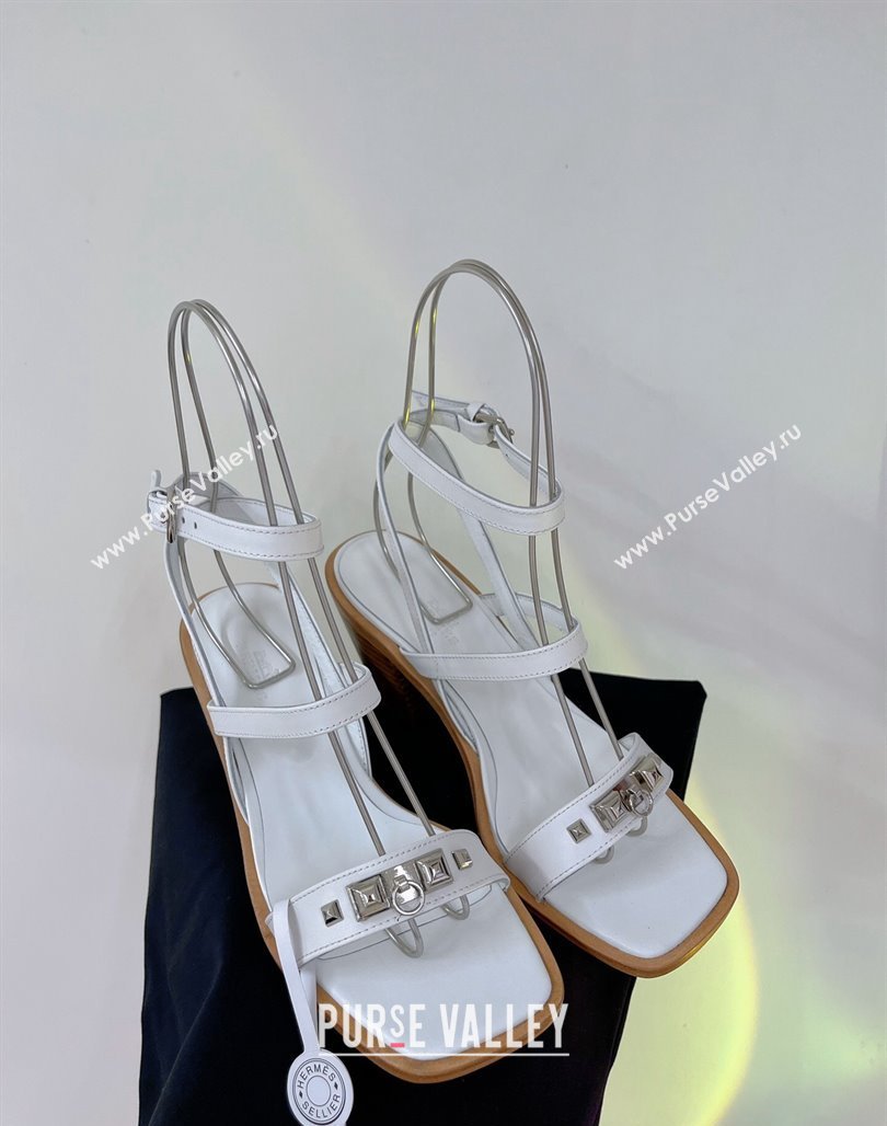 Hermes Ivresse Heel SandalS 8.5cm in Calfskin Leather with Medor Studs White 2024 (ZN-240123002)