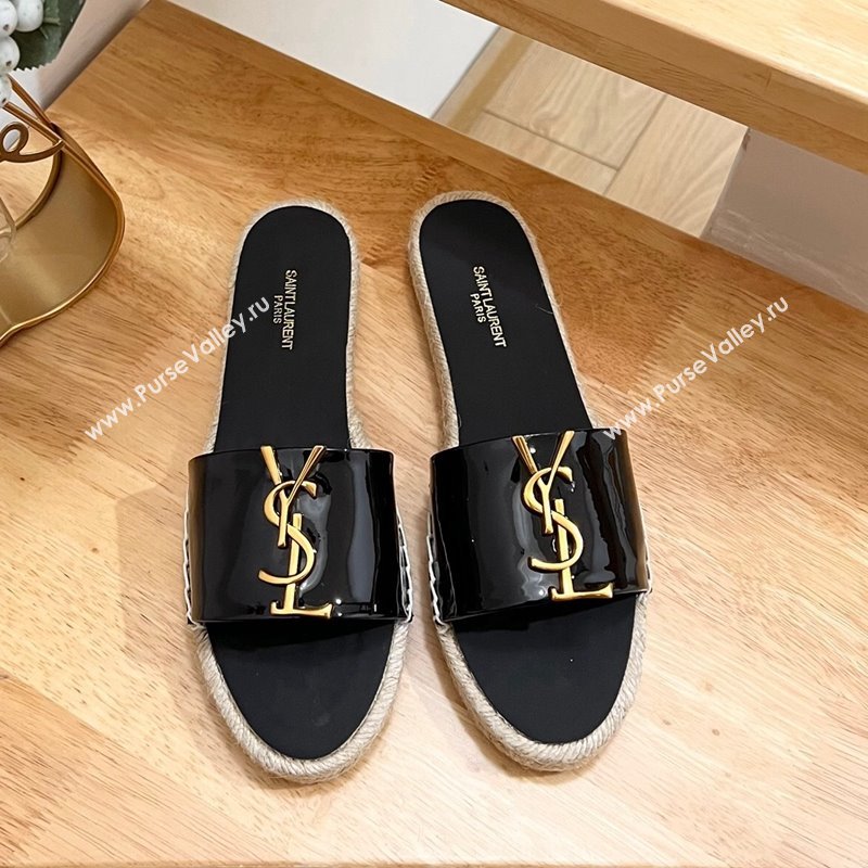 Saint Laurent YSL Espadrilles Flat Slide Sandals in Patent Leather Black 2024 0125 (HB-240125062)