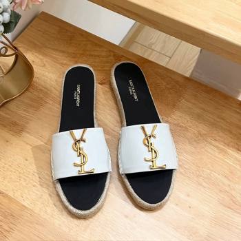 Saint Laurent YSL Espadrilles Flat Slide Sandals in Patent Leather White 2024 0125 (HB-240125063)