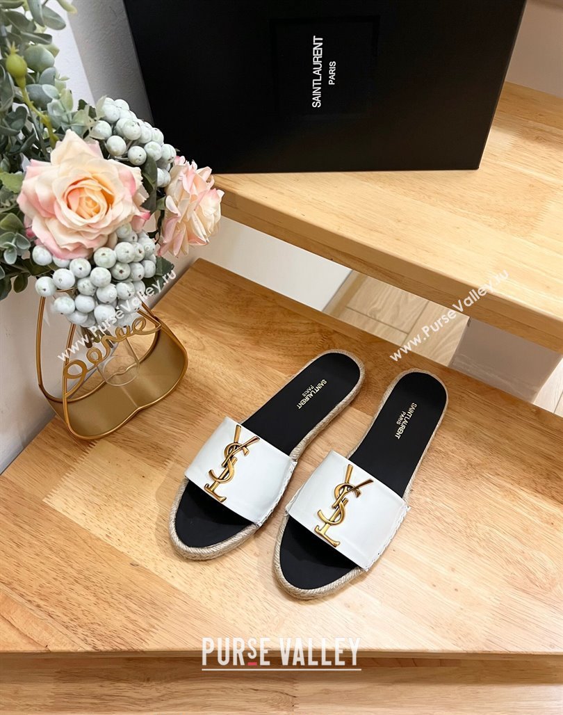 Saint Laurent YSL Espadrilles Flat Slide Sandals in Patent Leather White 2024 0125 (HB-240125063)