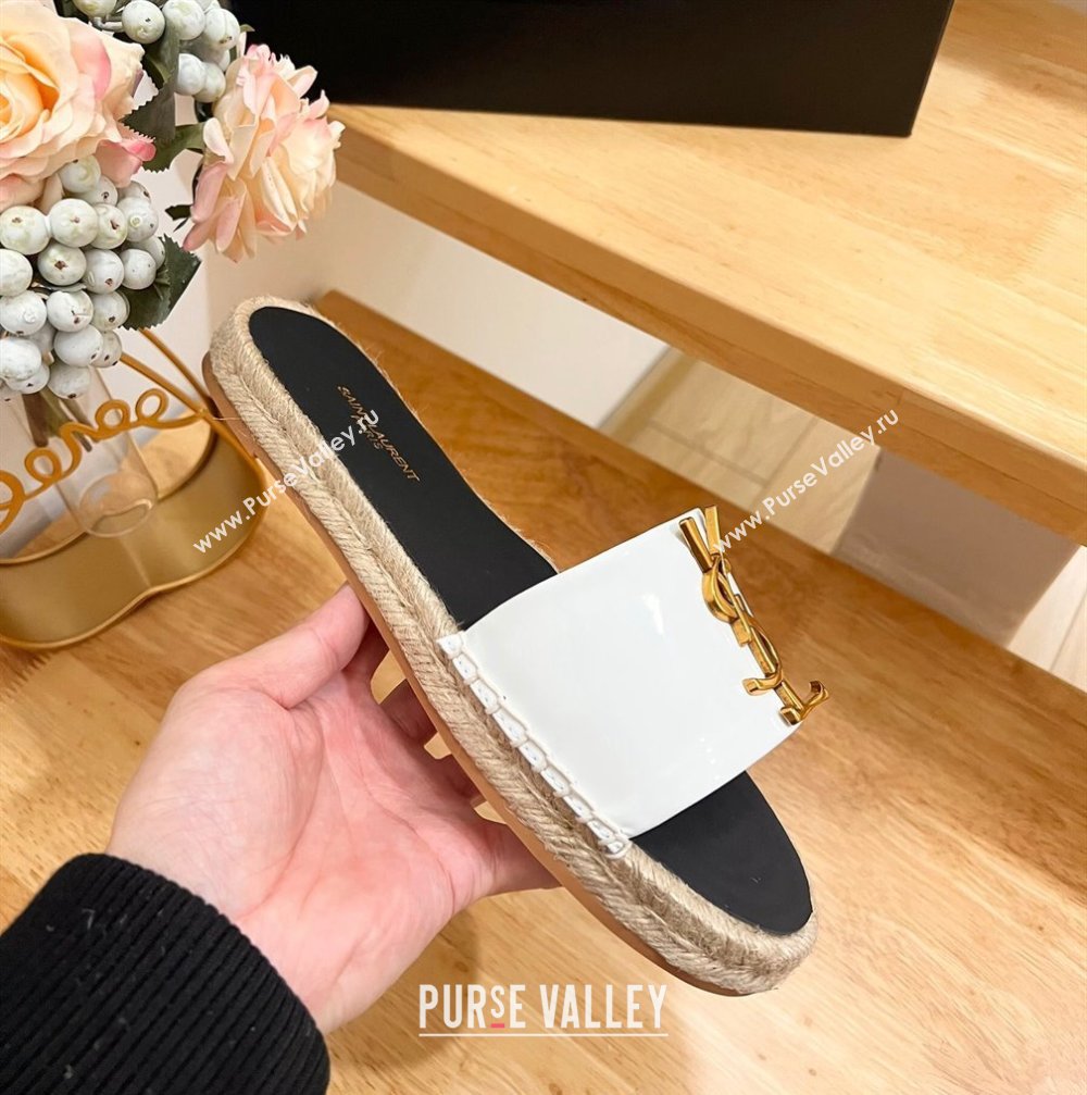 Saint Laurent YSL Espadrilles Flat Slide Sandals in Patent Leather White 2024 0125 (HB-240125063)