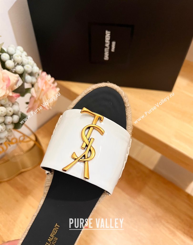 Saint Laurent YSL Espadrilles Flat Slide Sandals in Patent Leather White 2024 0125 (HB-240125063)