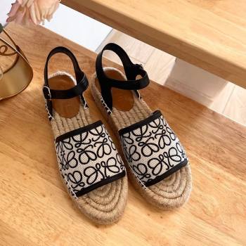 Loewe Anagram Espadrilles Flat Sandals in Calfskin and Canvas Black 2024 0125 (HB-240125039)