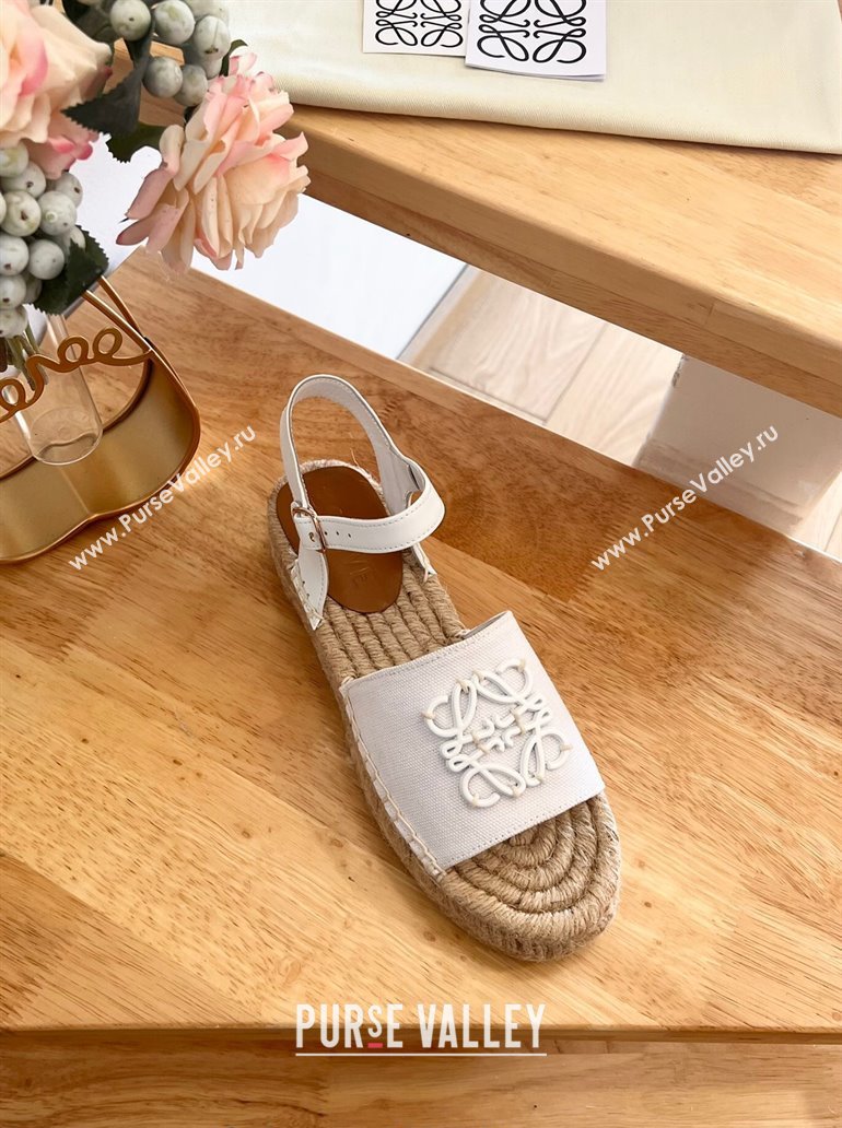 Loewe Anagram Espadrilles Flat Sandals in Calfskin and Canvas White 2024 0125 (HB-240125040)