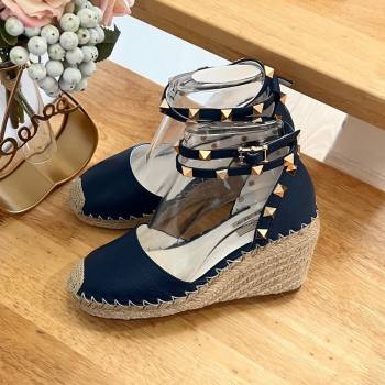 Valentino Grained Leather Rockstud Wedge Pumps 9.5cm Navy Blue 2024 0125 (HB-240125080)