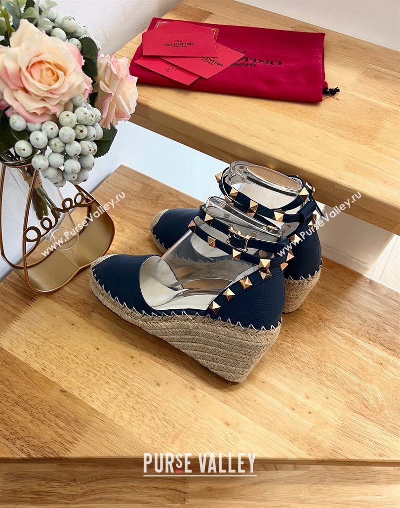 Valentino Grained Leather Rockstud Wedge Pumps 9.5cm Navy Blue 2024 0125 (HB-240125080)