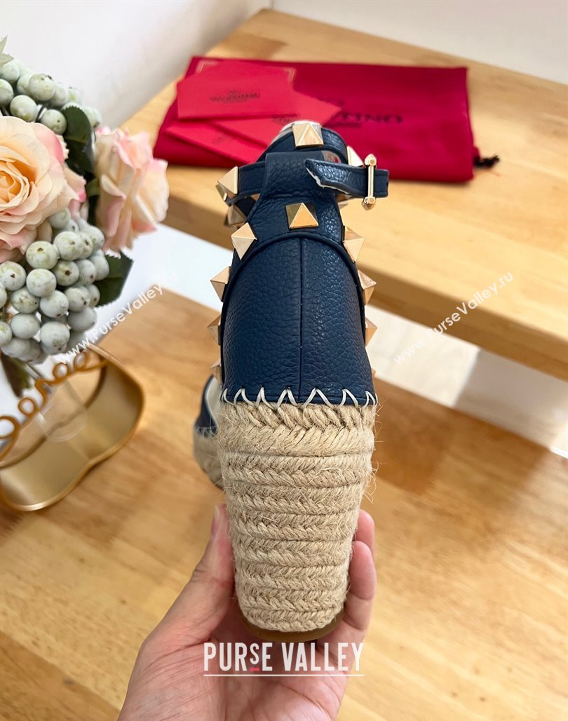 Valentino Grained Leather Rockstud Wedge Pumps 9.5cm Navy Blue 2024 0125 (HB-240125080)