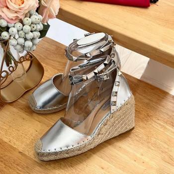 Valentino Metallic Grained Leather Rockstud Wedge Pumps 9.5cm Silver 2024 0125 (HB-240125082)