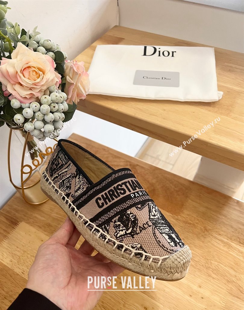 Dior Flat Espadrilles in Beige and Black Cotton Embroidered with Plan de Paris Motif 2024 0125 (HB-240125087)