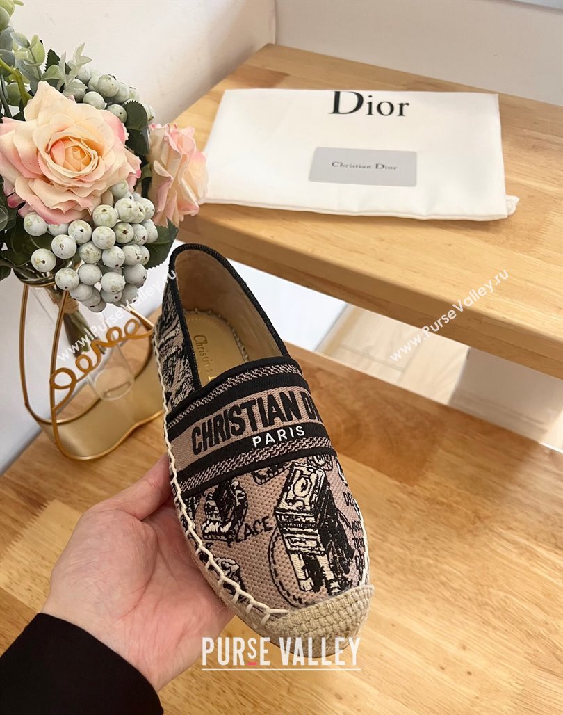 Dior Flat Espadrilles in Beige and Black Cotton Embroidered with Plan de Paris Motif 2024 0125 (HB-240125087)