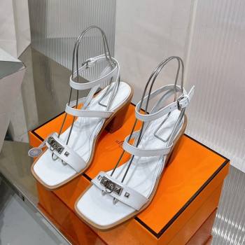 Hermes Ivresse Heel SandalS 8.5cm in Calfskin Leather with Medor Studs White 2024 (ZN-240123002)