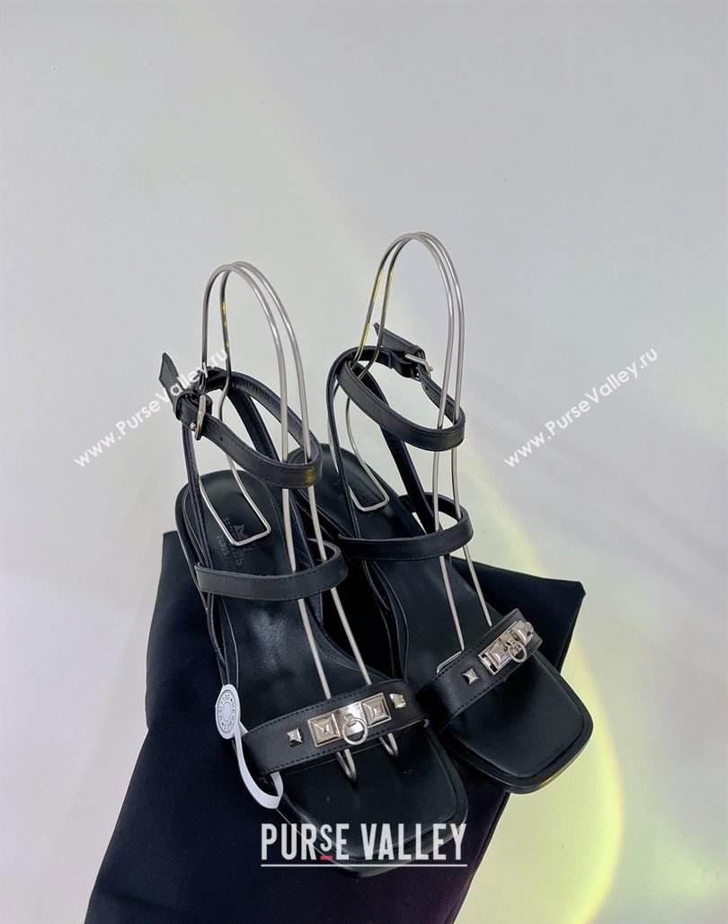 Hermes Ivresse Heel SandalS 8.5cm in Calfskin Leather with Medor Studs Black 2024 (ZN-240123001)