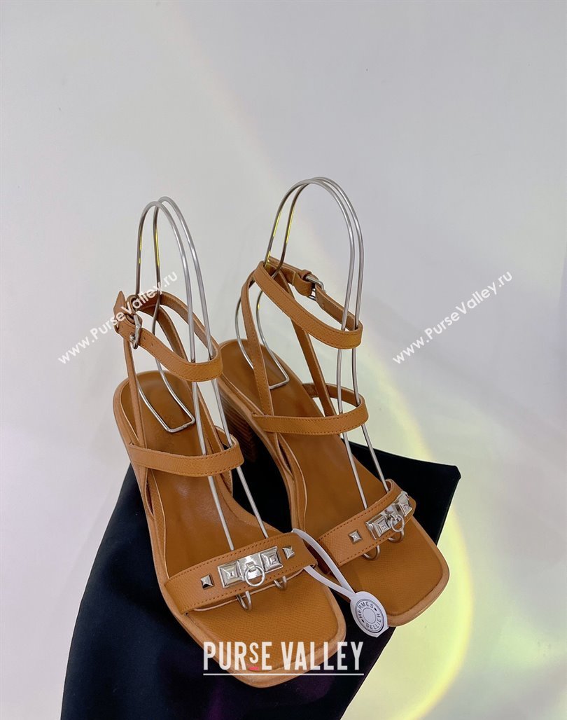 Hermes Ivresse Heel SandalS 8.5cm in Grained Calfskin with Medor Studs Brown 2024 (ZN-240123003)