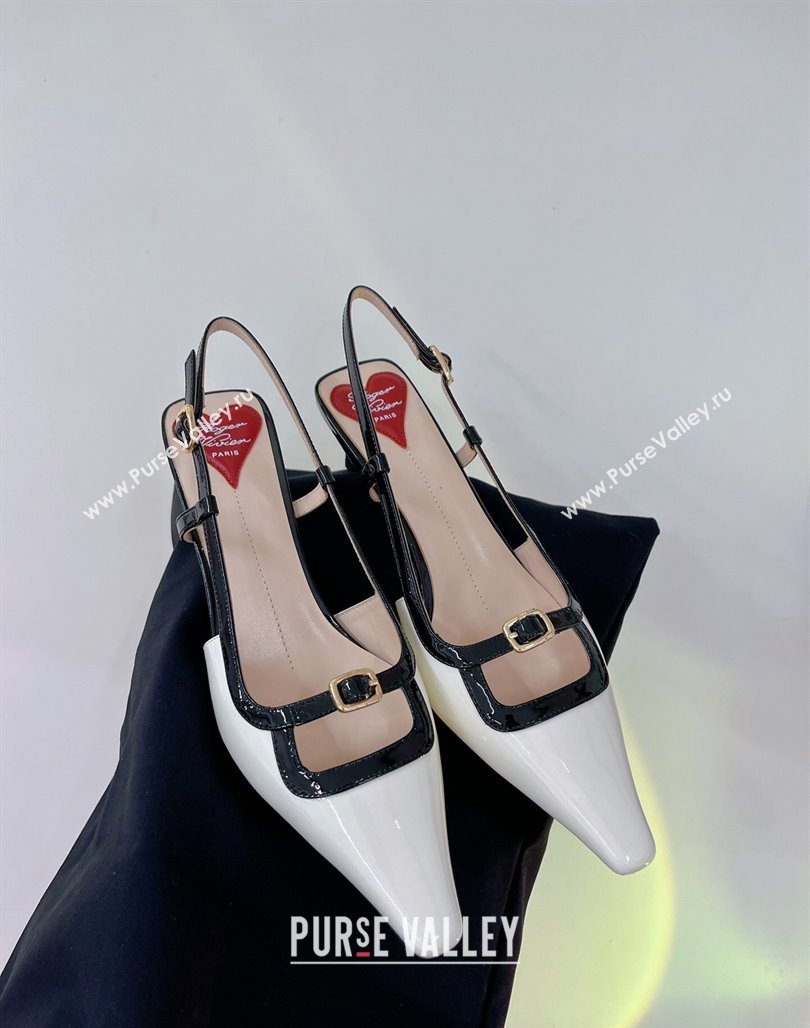 Roger Vivier Mini Buckle Slingback Pumps 6cm in Patent Leather White/Black 2024 0124 (ZN-240124102)