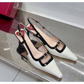 Roger Vivier Mini Buckle Slingback Pumps 6cm in Patent Leather White/Black 2024 0124 (ZN-240124102)