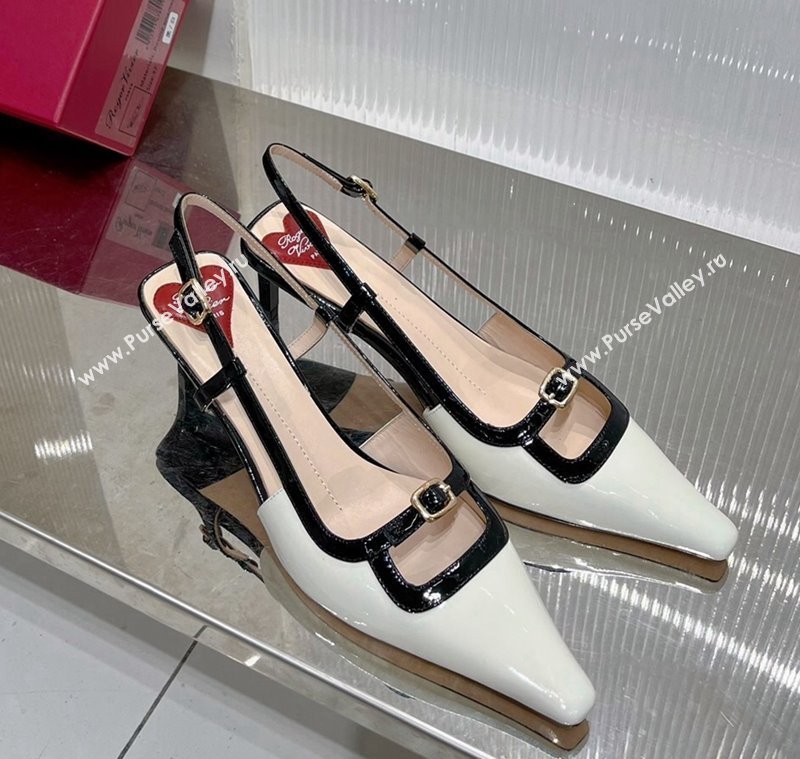 Roger Vivier Mini Buckle Slingback Pumps 6cm in Patent Leather White/Black 2024 0124 (ZN-240124102)