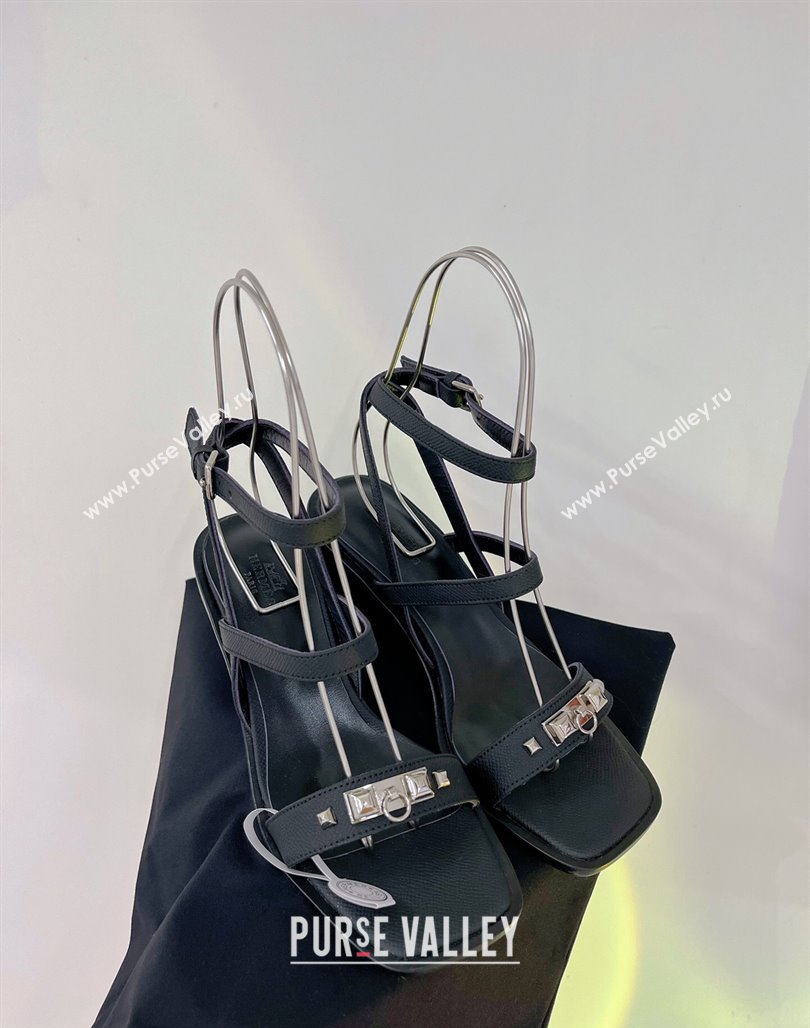 Hermes Ivresse Heel SandalS 8.5cm in Grained Calfskin with Medor Studs Black 2024 (ZN-240123005)