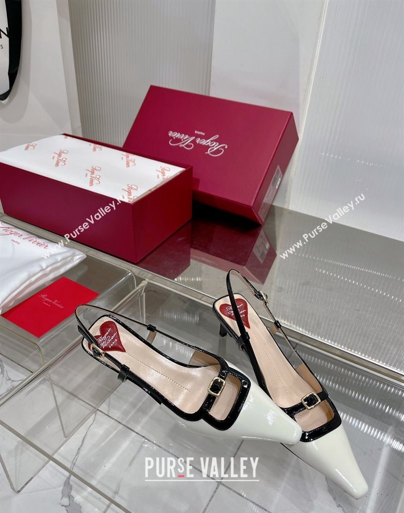 Roger Vivier Mini Buckle Slingback Pumps 6cm in Patent Leather White/Black 2024 0124 (ZN-240124102)