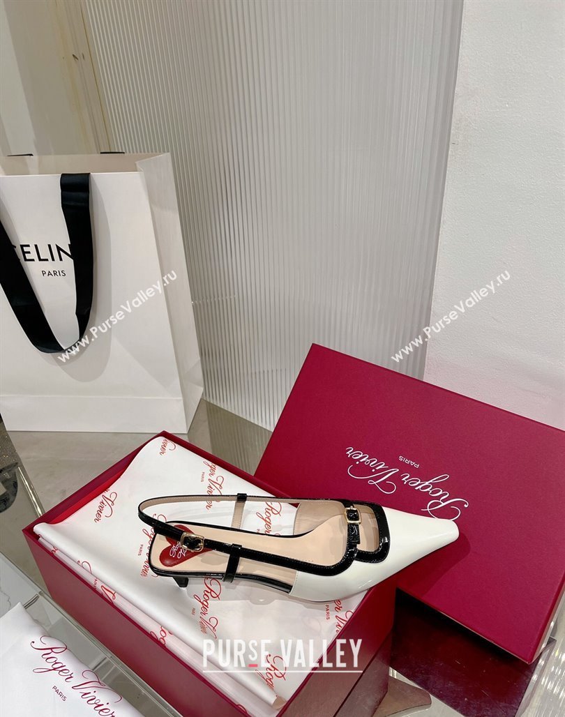 Roger Vivier Mini Buckle Slingback Pumps 6cm in Patent Leather White/Black 2024 0124 (ZN-240124102)